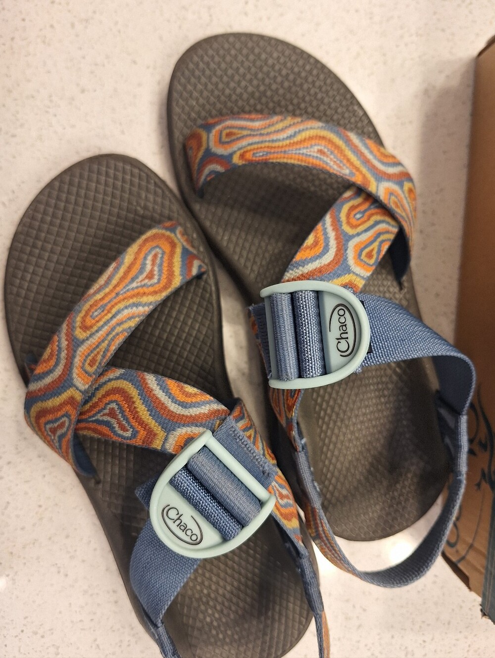 Chaco Women's Sandals with Orange Swirl Straps and Blue Accents